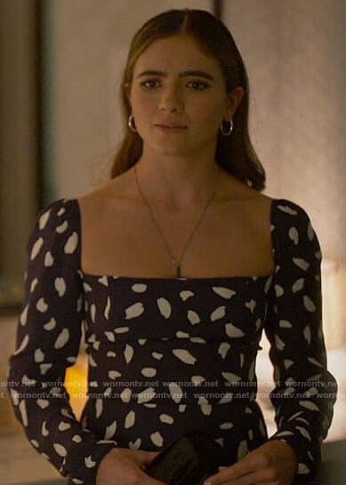 Dani’s navy dotted square neck midi dress on The L Word Generation Q