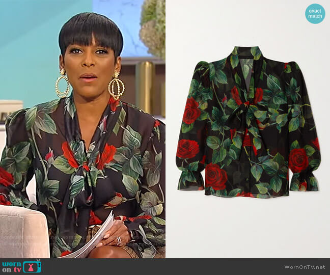 Dolce & Gabbana Pussy-bow floral-print silk-chiffon blouse worn by Tamron Hall on Tamron Hall Show