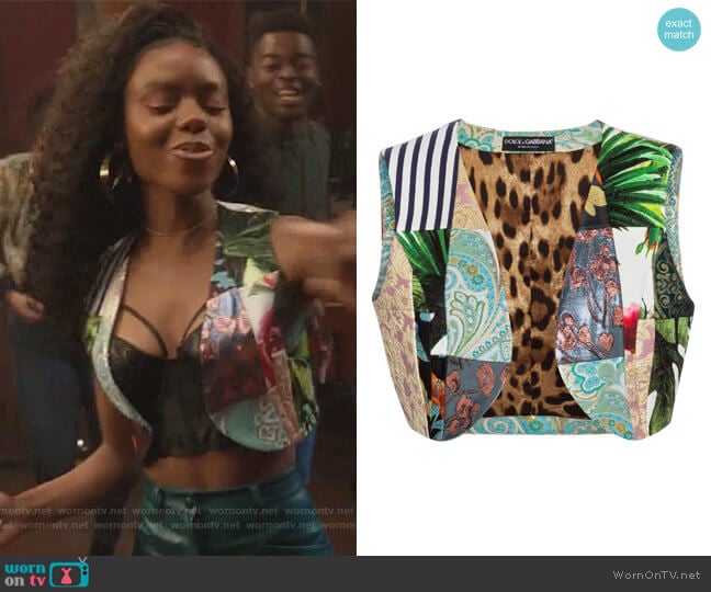 Dolce and Gabbana Patchwork vest worn by Josie McCoy (Ashleigh Murray) on Riverdale