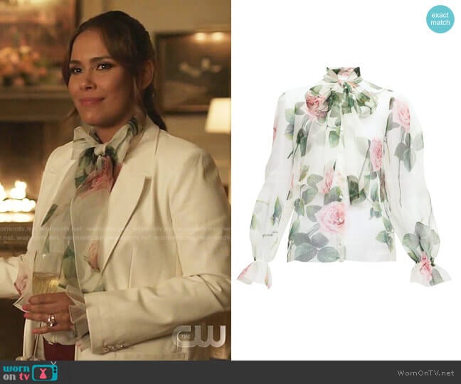 Dolce & Gabbana Pussy-Bow Rose-Print Silk-Organza Blouse worn by Cristal Jennings (Daniella Alonso) on Dynasty