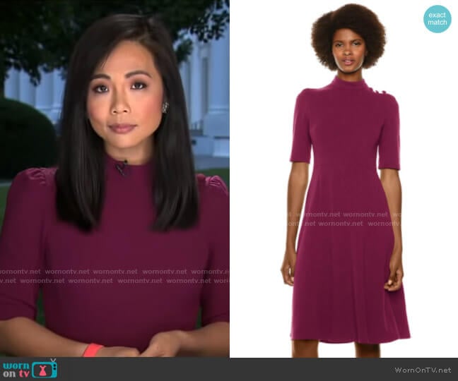 Donna Morgan Stretch Crepe Military Detailed Shoulder Dress in Mulberry worn by Weijia Jiang on CBS Mornings