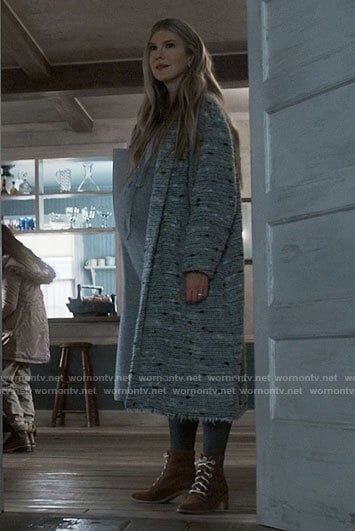 Doris’s grey textured coat and lace-up boots on American Horror Story