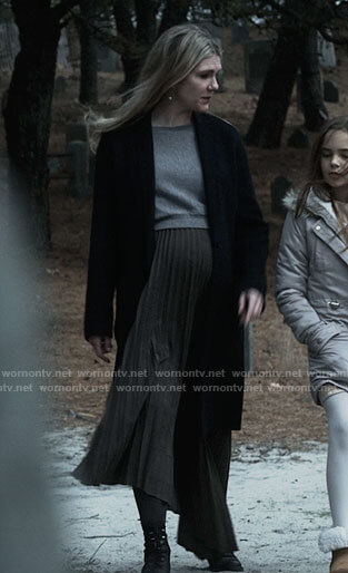 Doris’s pleated midi dress with grey sweater on American Horror Story