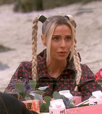 Dorit’s black and red monogram hooded jacket on The Real Housewives of Beverly Hills