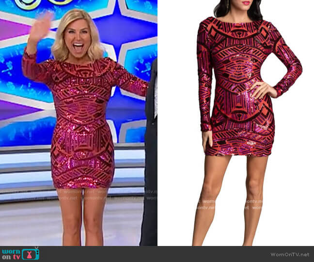Dress the Population Lola Dress in Red Rouge Multi worn by Rachel Reynolds on The Price is Right