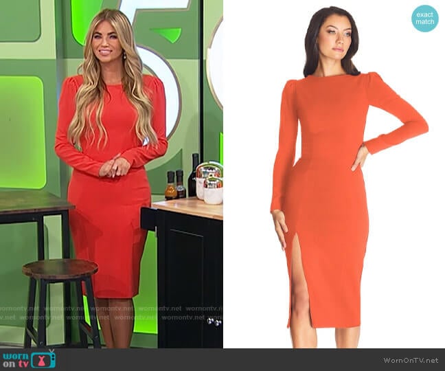 Dress the Population Nadia Dress in Poppy worn by Amber Lancaster on The Price is Right