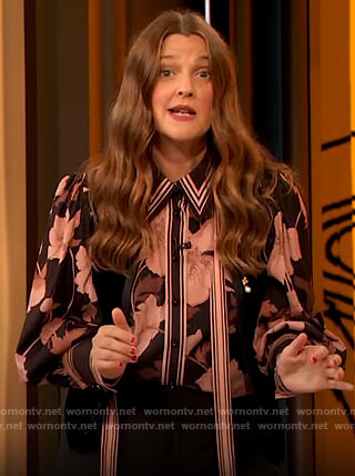 Drew’s black contrast floral blouse on The Drew Barrymore Show