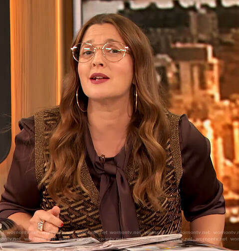 Drew’s brown metallic printed vest on The Drew Barrymore Show