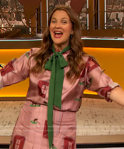 Drew’s pink horse print blouse and skirt on The Drew Barrymore Show