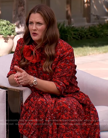 Drew’s red lip print blouse and skirt on The Drew Barrymore Show
