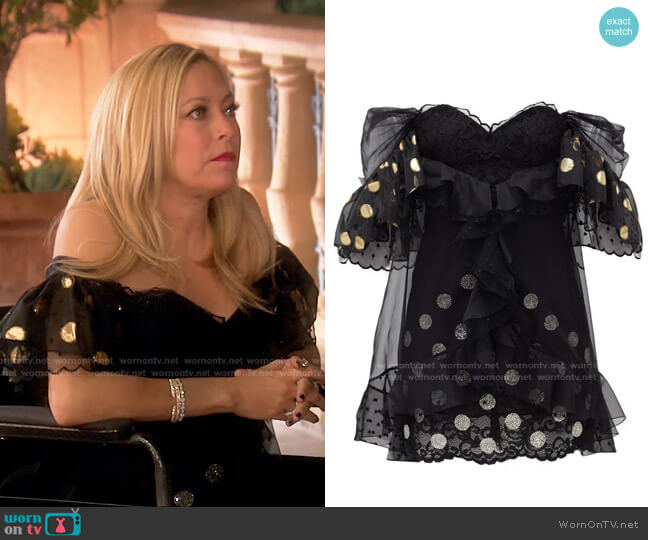 Dundas Ruffled Off-the-Shoulder Lace Mini Dress worn by Sutton Stracke on The Real Housewives of Beverly Hills