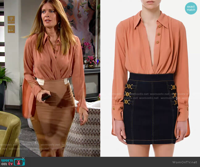 Elisabetta Franchi Bodysuit-style crossover blouse in georgette fabric in Rose Gold worn by Phyllis Summers (Michelle Stafford) on The Young and the Restless