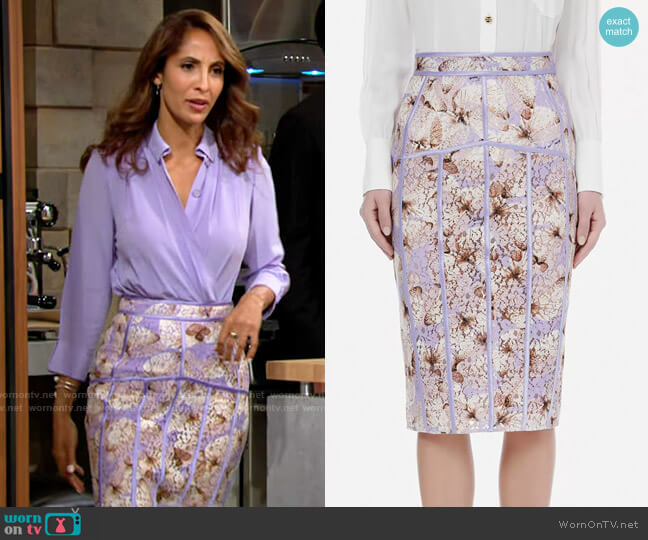 Elisabetta Franchi Calf-length Skirt in Lace Fabric with Butterfly Print in Lavender worn by Lily Winters (Christel Khalil) on The Young and the Restless
