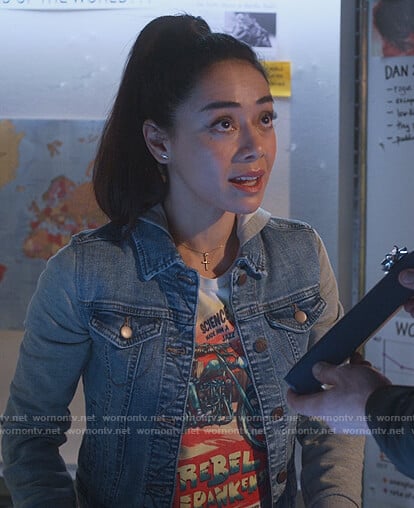 Ella’s white Frankenstein Biker tee on Lucifer
