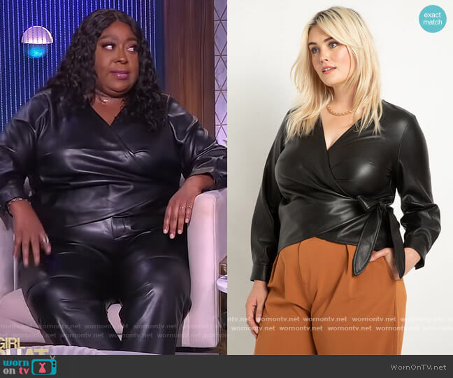 Eloquii Faux Leather Wrap Top worn by Loni Love on The Real