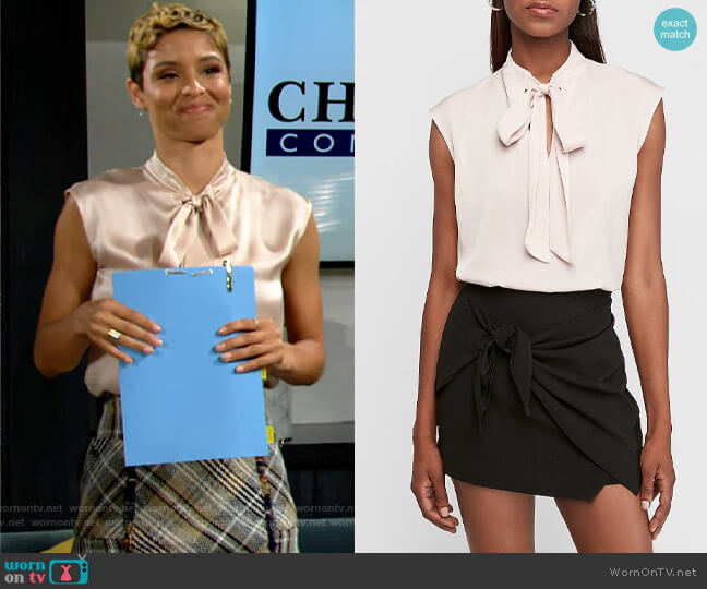 Express Satin Tie Neck Cap Sleeve Top in Truffle Pink worn by Elena Dawson (Brytni Sarpy) on The Young and the Restless