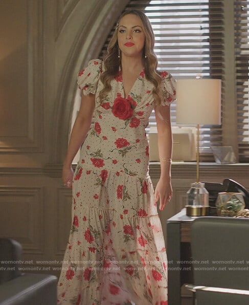 Fallon’s white rose print maxi dress on Dynasty