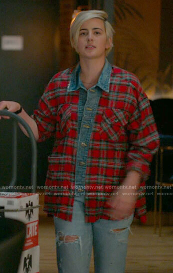 Finley’s red plaid shirt with denim detials on The L Word Generation Q
