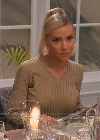Dorit’s ribbed v-neck swater and leather pants on The Real Housewives of Beverly Hills