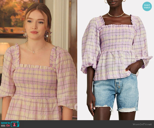 Ganni Smocked Seersucker Plaid Top worn by Kirby Anders (Maddison Brown) on Dynasty