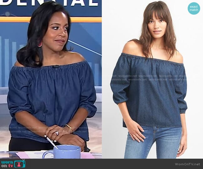 Gap Off-Shoulder Denim Top in Dark Indigo worn by Sheinelle Jones on Today