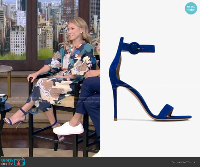 Gianvito Rossi Portofino 105 velvet sandals worn by Kelly Ripa on Live with Kelly and Mark