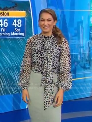 Ginger’s grey leopard tie neck blouse on Good Morning America