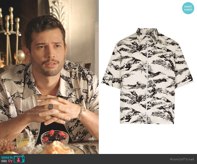 Givenchy Short-Sleeve Printed Zip-Front Shirt worn by Sam Flores (Rafael de la Fuente) on Dynasty