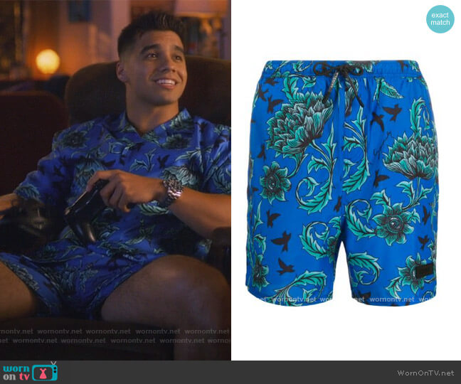 Givenchy Floral Print Swim Shorts worn by Vivek Shah (Jordan Buhat) on Grown-ish