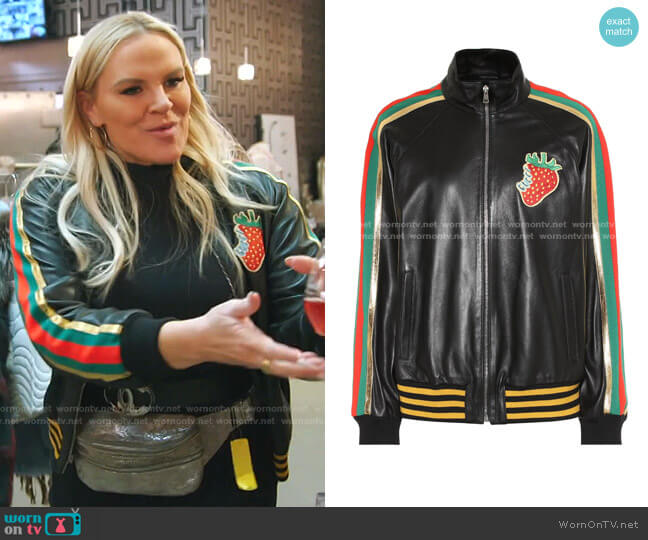 Gucci Leather Bomber Jacket with Gucci Strawberry worn by Heather Gay on The Real Housewives of Salt Lake City