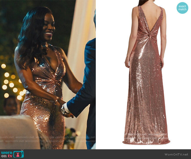 Halston Madden Metallic Sequin Twist-Back Gown worn by Leah Franklin-Dupont (Nadine Ellis) on Our Kind of People