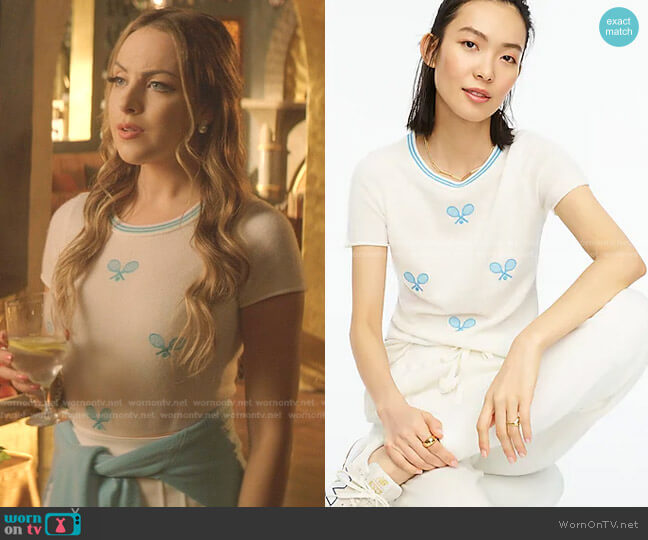 J. Crew Short-Sleeve Cashmere T-shirt with Tennis Embroidery worn by Fallon Carrington (Elizabeth Gillies) on Dynasty