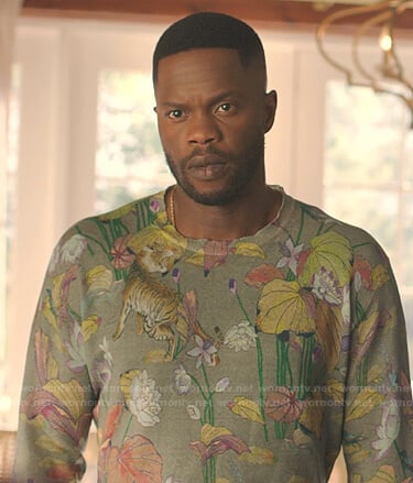 Jeff’s green tiger and flower print sweater on Dynasty
