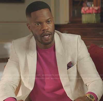 Jeff’s white jacquard blazer and pants on Dynasty