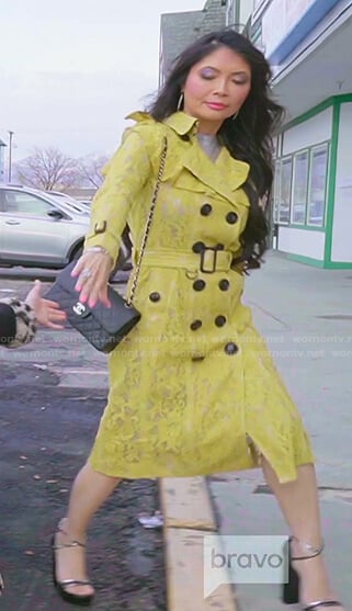 Jennie’s yellow ruffle lace trench coat on The Real Housewives of Salt Lake City