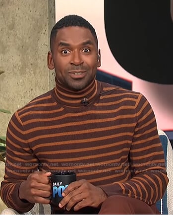 Justin’s brown striped turtleneck sweater on E! News Daily Pop