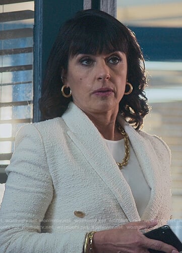 Kathleen’s white tweed double breasted blazer on Good Trouble