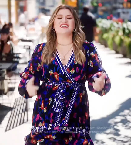 Kelly’s floral print mini wrap dress on The Kelly Clarkson Show