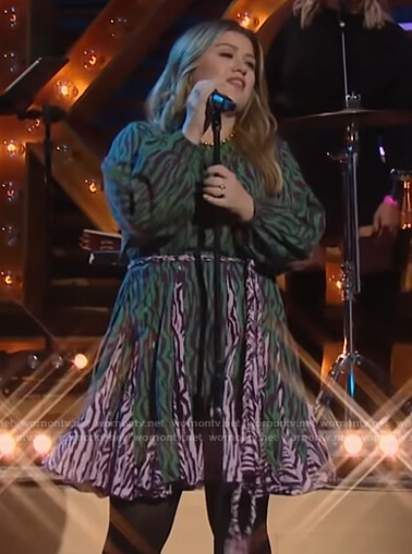 Kelly’s green zebra stripe dress on The Kelly Clarkson Show