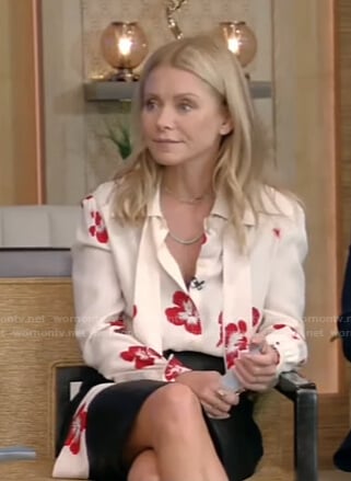 Kelly’s white floral tie neck blouse on Live with Kelly and Ryan