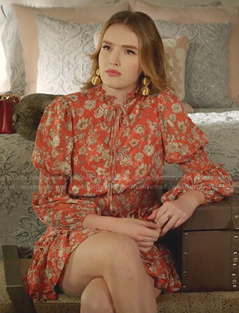 Kirby’s red floral tie neck mini dress on Dynasty