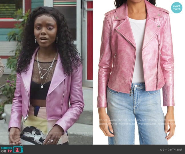 L'Agence Pink Leather Moto Jacket worn by Josie McCoy (Ashleigh Murray) on Riverdale