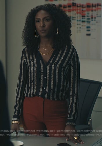 Lauren’s black printed blouse on Billions