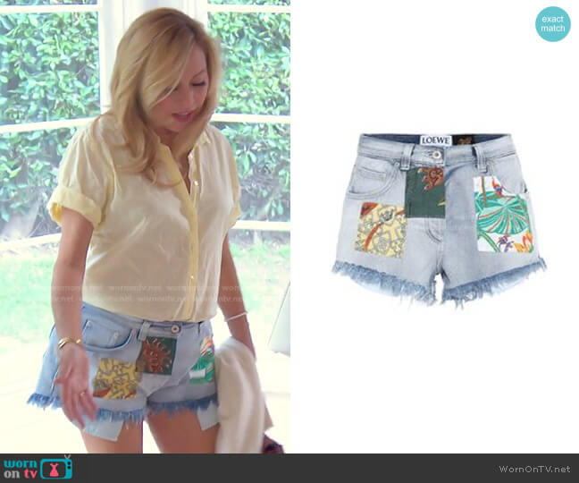 Loewe Paula's Ibiza High-Rise Denim Shorts worn by Sutton Stracke on The Real Housewives of Beverly Hills