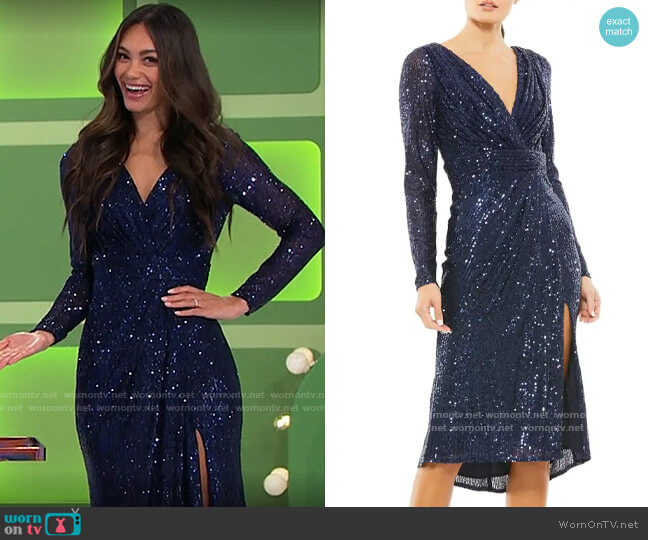 Ieena for Mac Duggal Shimmery Sequin Long-Sleeve Faux-Wrap Dress worn by Alexis Gaube on The Price is Right