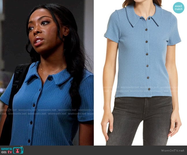 Madewell Rib Polo Button-Front Tee in Distant Ocean worn by Vanessa Taylor (Asjha Cooper) on Chicago Med