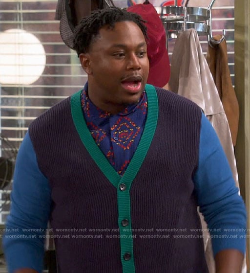 Marty’s colorblock cardigan and printed shirt on The Neighborhood