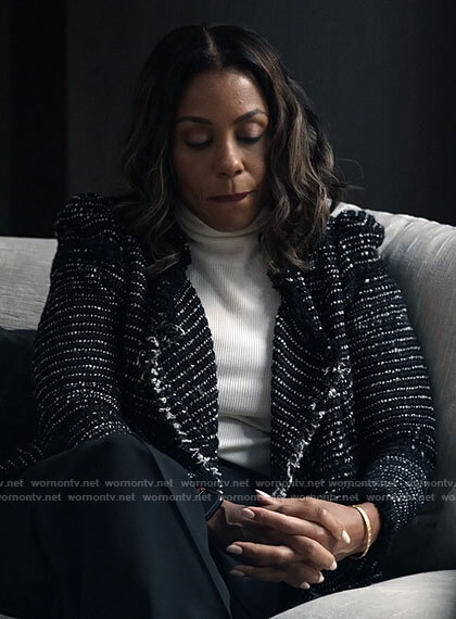 Mia’s black tweed jacket on The Morning Show