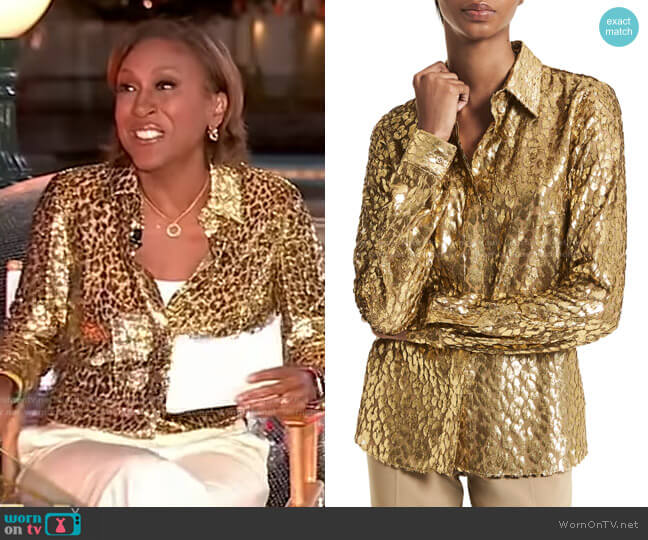 Michael Kors Hansen Metallic Leopard-Jacquard Shirt worn by Robin Roberts on Good Morning America