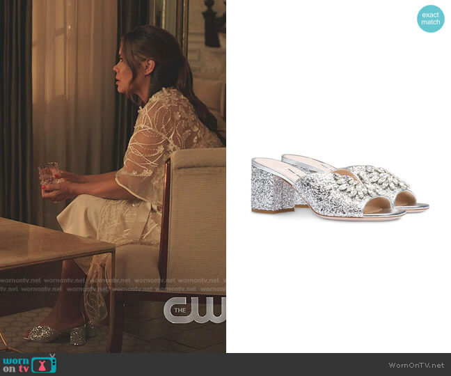Miu Miu Crystal-Embellished Mule Sandals worn by Cristal Jennings (Daniella Alonso) on Dynasty